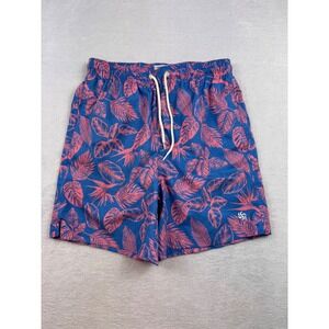 Sol Borne Mens Small Swim Trunks Blue Pink Tropical Leaf Print Mesh Lined 5" In